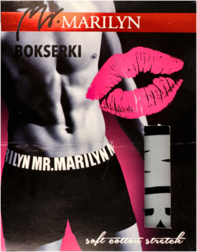 Czarne opakowanie bokserek męskich Mr. Marilyn z różowymi ustami, modelem i opisem soft cotton stretch.