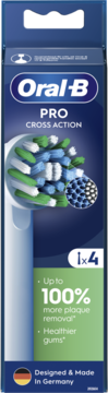 Oral-B PRO Cross Action opakowanie z 4 końcówkami do szczoteczki, z niebiesko-zielonymi włóknami, widok z przodu.