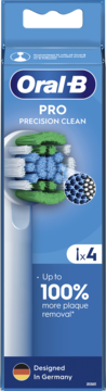 Front of Oral-B PRO PRECISION CLEAN 4 szt. końcówek do szczoteczki, niebieskie opakowanie z obrazem główki.