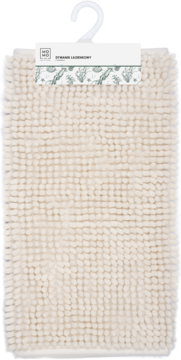 Jasnokremowy dywanik łazienkowy 40x60 cm z mikrofibry, o shaggy teksturze, wiszący widok z przodu.
