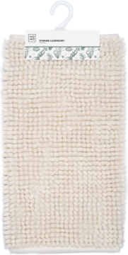Jasnokremowy dywanik łazienkowy 40x60 cm z mikrofibry, o shaggy teksturze, wiszący widok z przodu.