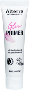 Alterra Glow Primer, baza rozświetlająca w białej tubce, widok z przodu. Z duo-kwasem hialuronowym i olejem z moreli.
