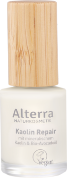 Alterra Kaolin Repair wegańska odżywka do paznokci z kaolinem i awokado, biała butelka, drewniany korek, przód.