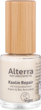 Alterra Kaolin Repair wegańska odżywka do paznokci z kaolinem i bio-awokado, jasnobeżowa buteleczka, widok z przodu.