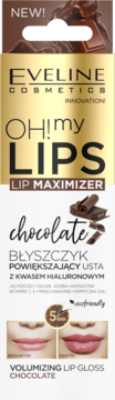 Full view Eveline Oh! My Lips chocolate volumizing lip gloss ad with before/after results and packaging.