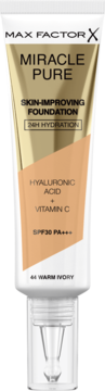 Max Factor Miracle Pure podkład w białej tubie, odcień 04 Warm Ivory, z kwasem hialuronowym i SPF30.