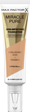 Max Factor Miracle Pure Foundation SPF30 45 Warm Almond, tubka złoto-biała z beżowym produktem, widok z przodu.