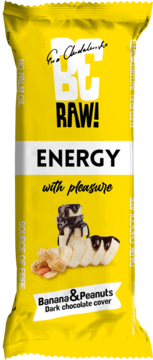Żółty baton energetyczny BE RAW! Banana & Peanuts z ciemną czekoladą, bez oleju palmowego, widok z przodu.