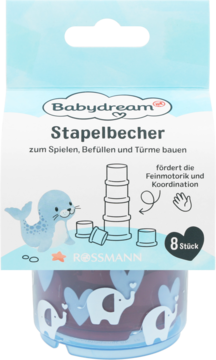 Babydream Stapelbecher, zestaw 8 niebieskich kubeczków z motywem słoni, do układania, widok z przodu.
