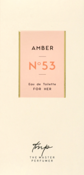 Opakowanie perfum The Master Perfumer Amber N°53 Eau de Toilette dla kobiet, z przodu, brzoskwiniowa etykieta.