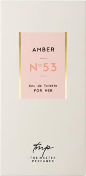 Woda toaletowa Amber N°53 dla kobiet, beżowe pudełko z różową etykietą i złotym obramowaniem, widok z przodu.