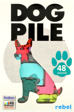 Białe pudełko gry logicznej Dog Pile, widziane z przodu. Zawiera kolorową sylwetkę psa z puzzli, 48 zadań.