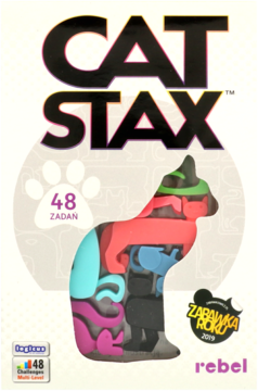 Opakowanie gry Cat Stax z sylwetką kota złożoną z barwnych puzzli. Widoczne '48 zadań' i 'Zabawka Roku 2019'.