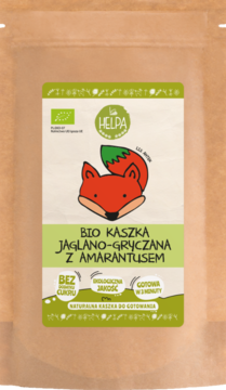 Helpa Bio kaszka jaglano-gryczana z amarantusem w eko torebce, z rysunkiem lisa, widok z przodu.