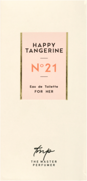 Opakowanie Happy Tangerine N°21 Eau de Toilette FOR HER, biało-różowe z złotymi detalami, widok z przodu.