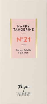 Beżowe opakowanie wody toaletowej Happy Tangerine N°21 The Master Perfumer dla kobiet, z różową etykietą i złotą ramką.