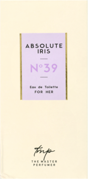 Absolute Iris N°39 Eau de Toilette w beżowym opakowaniu z fioletową etykietą i złotym obramowaniem, widok z przodu.