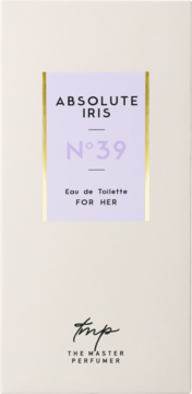 Woda toaletowa The Master Perfumer Absolute Iris N°39 FOR HER, białe opakowanie z liliową etykietą w złotej ramce.