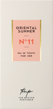 Białe pudełko wody toaletowej The Master Perfumer Oriental Summer N°11 for Her, różowa etykieta, widok z przodu.