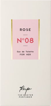 Pudełko perfum Rose N°08 The Master Perfumer, kremowe z różową etykietą i złotym obramowaniem, widok z przodu.