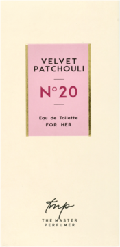 Opakowanie Velvet Patchouli N°20 Eau de Toilette dla kobiet, różowy panel ze złotymi ramkami, widok z przodu.