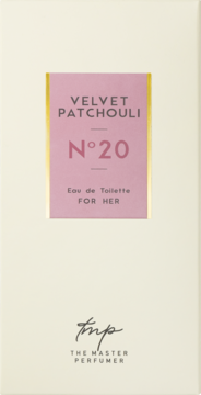 Woda toaletowa Velvet Patchouli N°20 The Master Perfumer w kremowym pudełku z różową etykietą. Widok z przodu.