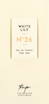 White Lily N°26 Eau de Toilette FOR HER The Master Perfumer, jasne pudełko ze złotym obramowaniem, front.