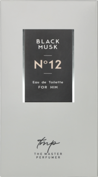 Woda toaletowa Black Musk N°12 dla mężczyzn w szarym opakowaniu z czarnym panelem centralnym, widok z przodu.