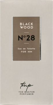 Przednie ujęcie jasnego pudełka perfum Black Wood N°28 Eau de Toilette The Master Perfumer, z brązowym panelem.