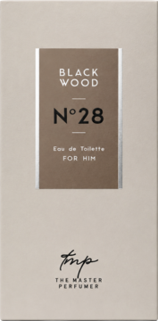 Męska woda toaletowa Black Wood N°28 The Master Perfumer w beżowym pudełku z brązowo-srebrną etykietą, widok z przodu.