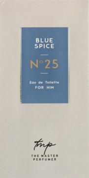 Front opakowania wody toaletowej Blue Spice N°25 dla mężczyzn, niebieska etykieta na beżowym tle z złotym numerem.