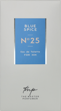 Woda toaletowa Blue Spice N°25 for Him w szarym pudełku The Master Perfumer z niebieską etykietą, widok z przodu.
