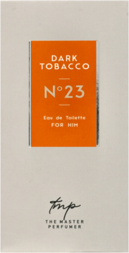 Pionowe beżowe pudełko Dark Tobacco N&deg;23 Eau de Toilette FOR HIM, z pomarańczową etykietą, widok z przodu.