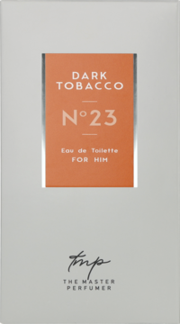 Męska woda toaletowa Dark Tobacco N°23 The Master Perfumer, szare pudełko z pomarańczowym panelem i srebrnymi ramkami.