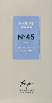 Męska woda toaletowa The Master Perfumer Marine Aqua N°45, widok z przodu szarego pudełka z niebieską etykietą.