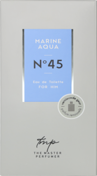 Szare, kartonowe pudełko męskiej wody toaletowej The Master Perfumer Marine Aqua N°45, z niebieskim wzorem na froncie.