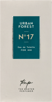 Męska woda toaletowa Urban Forest N°17 w eleganckim, prostokątnym opakowaniu z turkusową etykietą i białym tłem, widok z przodu.