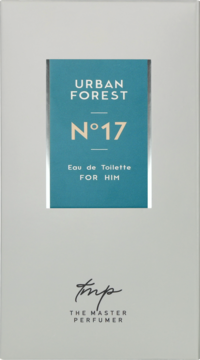 Woda toaletowa Urban Forest N°17 dla mężczyzn w jasnym, prostokątnym opakowaniu z tealową etykietą, widok z przodu.