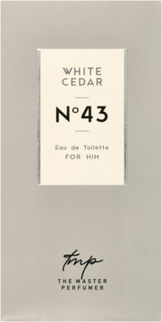 Biało-szare pudełko perfum męskich White Cedar N&deg;43 The Master Perfumer, z napisem 'FOR HIM', widok z przodu.