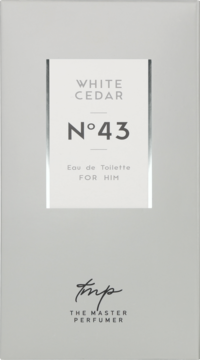 Frontalny widok The Master Perfumer White Cedar N°43 EDT dla mężczyzn. Jasnoszare pudełko, srebrna ramka etykiety.
