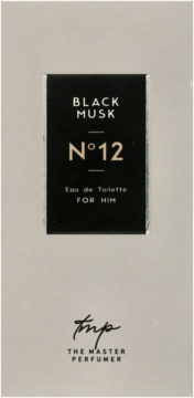 Męska woda toaletowa Black Musk N°12 The Master Perfumer w beżowym kartoniku z czarną etykietą, widok z przodu.