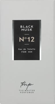Jasnoszare opakowanie męskiej wody toaletowej Black Musk N°12 The Master Perfumer z czarną etykietą, widok z przodu.