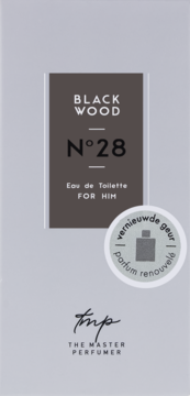 Męska woda toaletowa Black Wood N°28 The Master Perfumer, szare opakowanie, z okrągłą etykietą 'nowy zapach'.