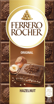 Ferrero Rocher Original Hazelnut, złota tabliczka czekolady mlecznej z orzechowym nadzieniem i kawałkami orzechów.