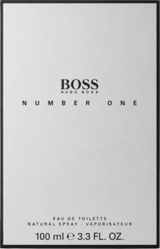 Męska woda toaletowa Hugo Boss Number One, białe pudełko z czarną ramką, napis 100ml, widok z przodu.