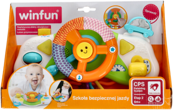 WinFun Szkoła bezpiecznej jazdy, kolorowa kierownica interaktywna z dźwignią biegów, w pudełku. Widok z przodu.