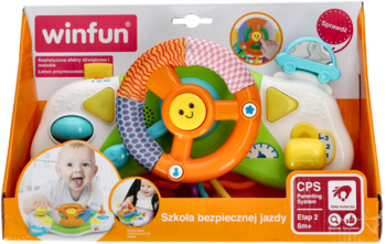 WinFun Szkoła bezpiecznej jazdy, kolorowa kierownica interaktywna z dźwignią biegów, w pudełku. Widok z przodu.