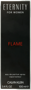 Czarne pudełko perfum Eternity Flame For Women Calvin Klein, widok z przodu, z napisem Flame w kolorze czerwonym.