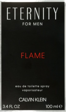 Czarne pudełko perfum Eternity Flame For Men Calvin Klein, z czerwonym napisem FLAME, widok z przodu.