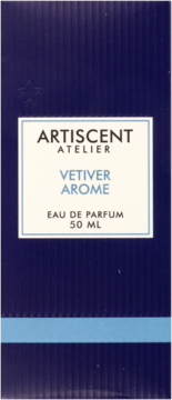 Granatowe pudełko Artiscent Atelier Vetiver Arome 50ml, z pionowymi żłobieniami, białą etykietą i błękitnym paskiem.